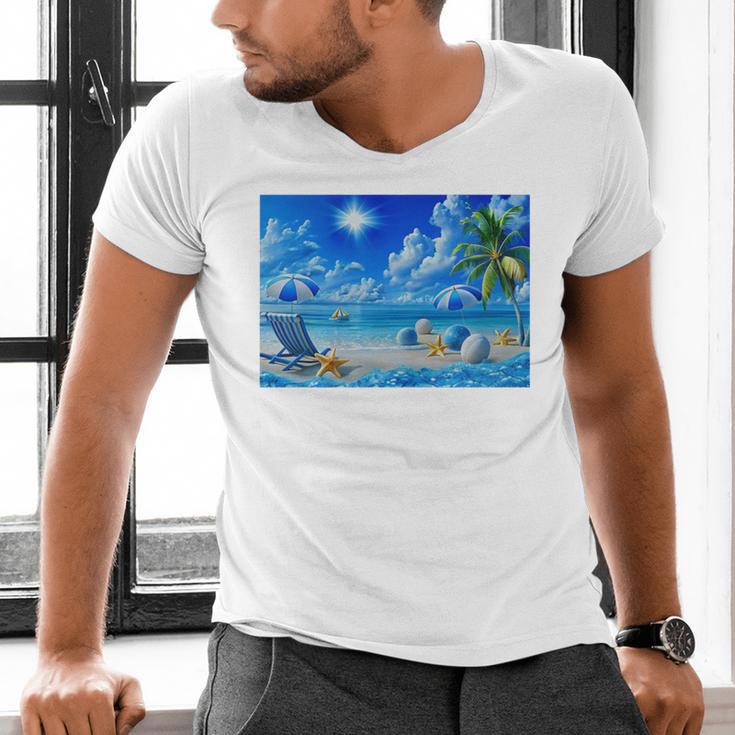 Frutiger Aero Beach Y2k Aesthetic Palm Tree Sand Ocean Premium Men's V-Neck T-Shirt