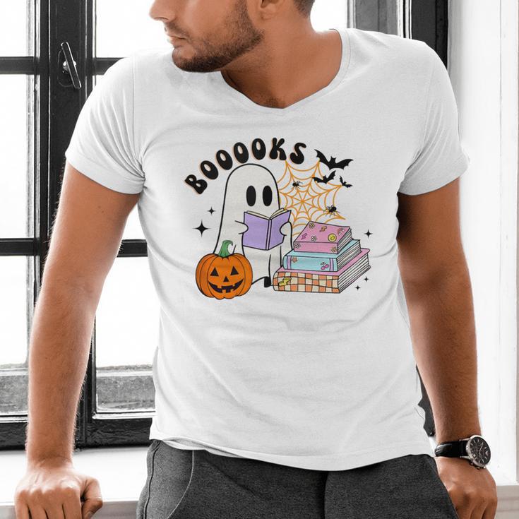 Ghost Reading Halloween Women Teacher Book Lover Men's V-Neck T-Shirt