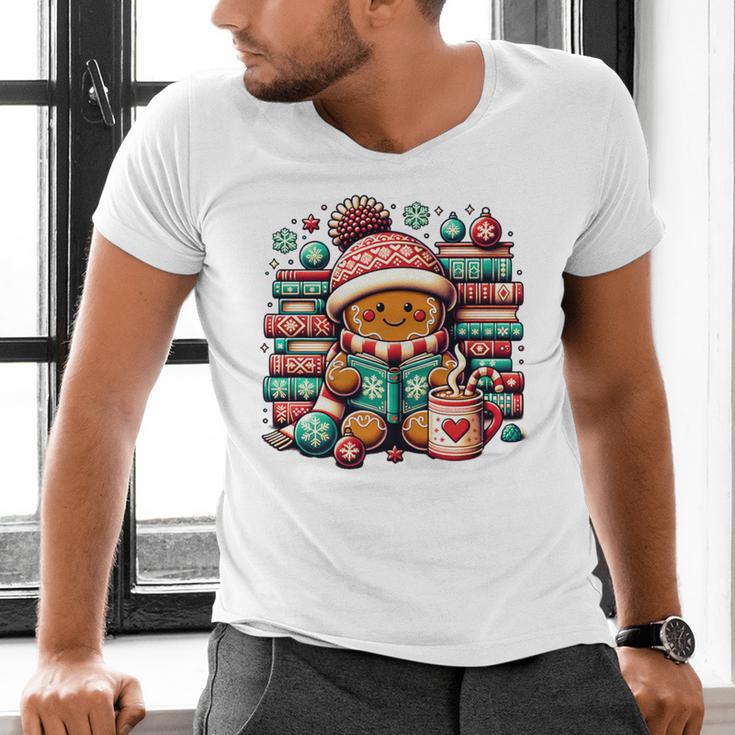 Gingerbread Reading Book Lovers Christmas Bookworm Librarian Premium Men's V-Neck T-Shirt