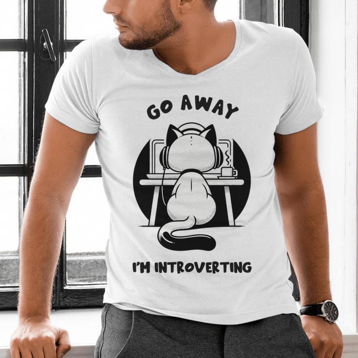 Go Away I'm Introverting Cat With Coffee Men's V-Neck T-Shirt Go Away I'm Introverting Cat With Coffee Men's V-Neck T-Shirt