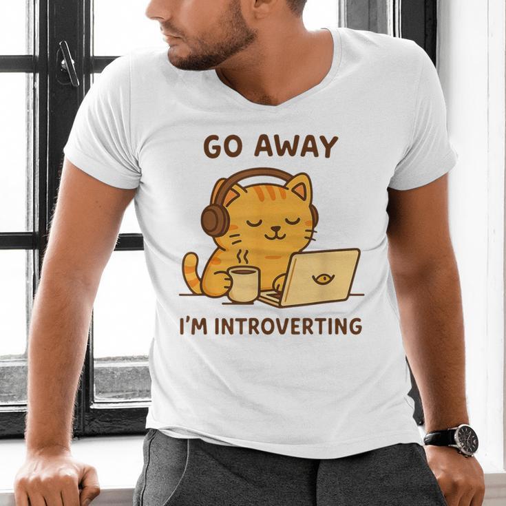 Go Away I'm Introverting Cozy Cat With Laptop And Coffee Men's V-Neck T-Shirt Go Away I'm Introverting Cozy Cat With Laptop And Coffee Men's V-Neck T-Shirt