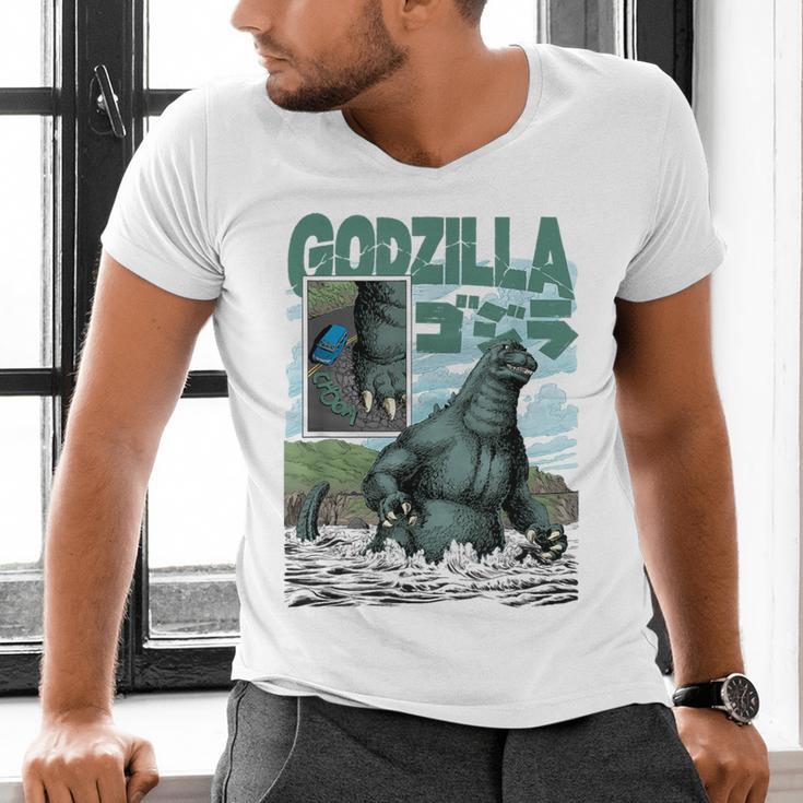 Godzilla Ocean Scene Comic Book Illustration Movie Monster Men's V-Neck T-Shirt
