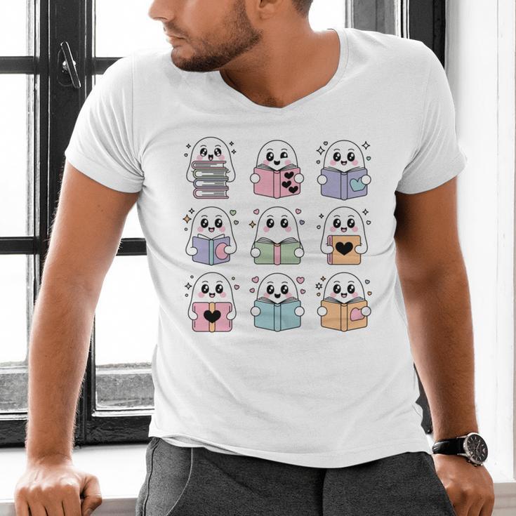 Halloween Ghosts Reading Books Pattern Spooky Kawaii Anime Men's V-Neck T-Shirt Halloween Ghosts Reading Books Pattern Spooky Kawaii Anime Men's V-Neck T-Shirt