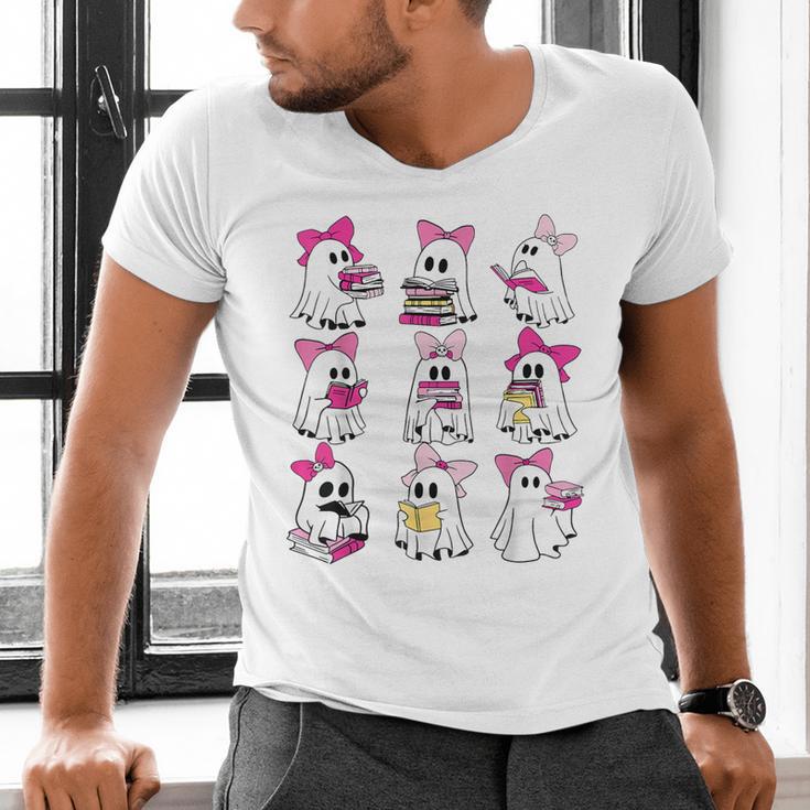 Halloween Pink Ghost Read More Books Spooky Boo Teacher Kids Men's V-Neck T-Shirt Halloween Pink Ghost Read More Books Spooky Boo Teacher Kids Men's V-Neck T-Shirt