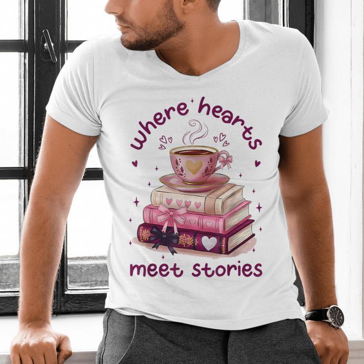 Where Hearts Groovy Meet Stories Coffee Books Valentines Day Men's V-Neck T-Shirt