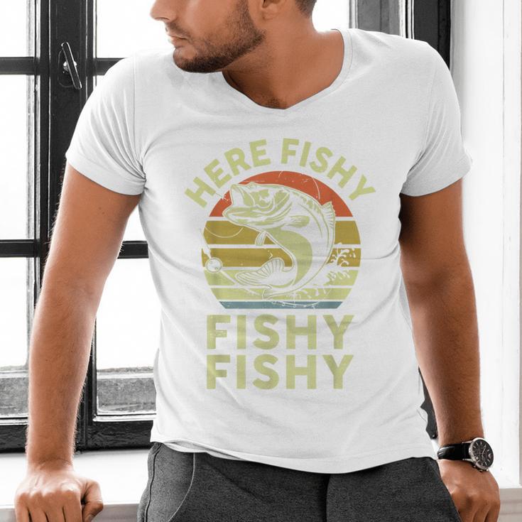 Here-Fishy Fishing Boy Large Mouth Bass Dad Men's V-Neck T-Shirt Here-Fishy Fishing Boy Large Mouth Bass Dad Men's V-Neck T-Shirt
