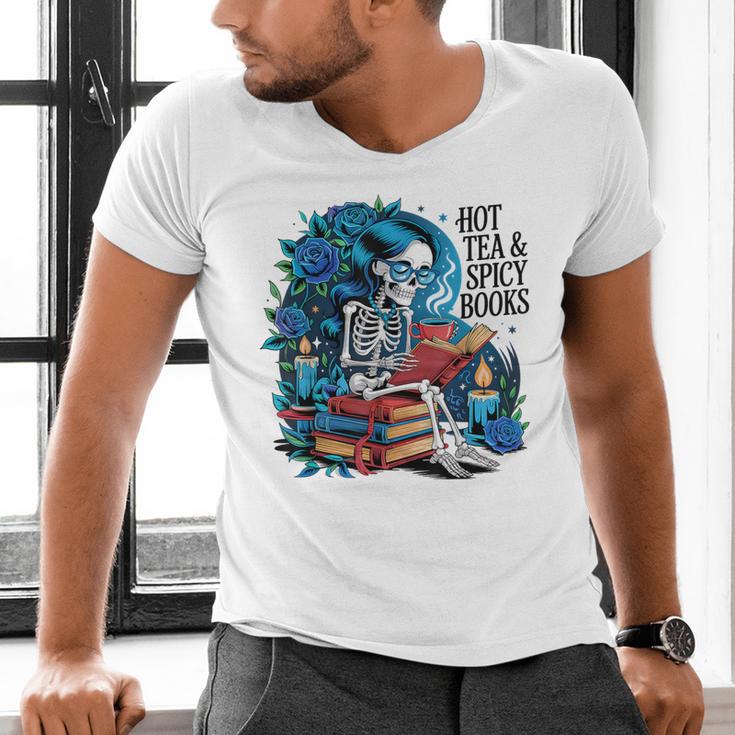 Hot Tea & Spicy Books Skeleton Reader Men's V-Neck T-Shirt Hot Tea & Spicy Books Skeleton Reader Men's V-Neck T-Shirt