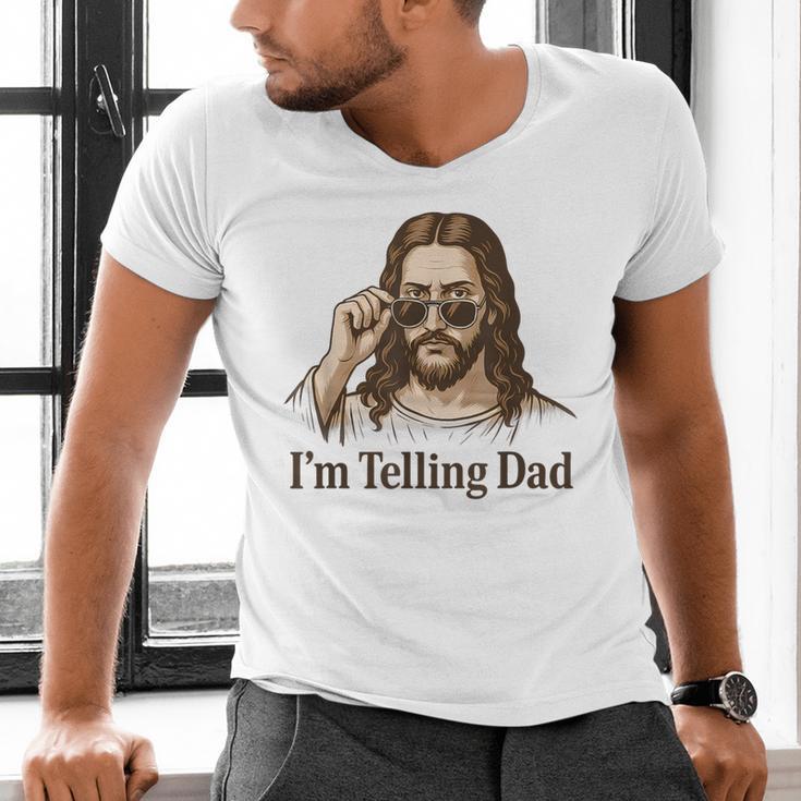 I'm Telling Dad Jesus Wearing Sunglasses Christian Fathers Men's V-Neck T-Shirt I'm Telling Dad Jesus Wearing Sunglasses Christian Fathers Men's V-Neck T-Shirt