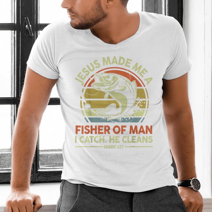 Jesus Made Fisher Man Christian Fishing Bass Fish Dad Men's V-Neck T-Shirt