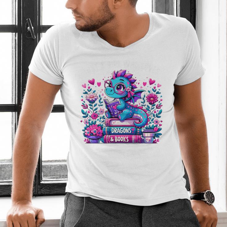 Just A Girl Who Loves Dragons And Books Cute Dragon Reading Premium Tri-Blend Men's V-Neck T-Shirt