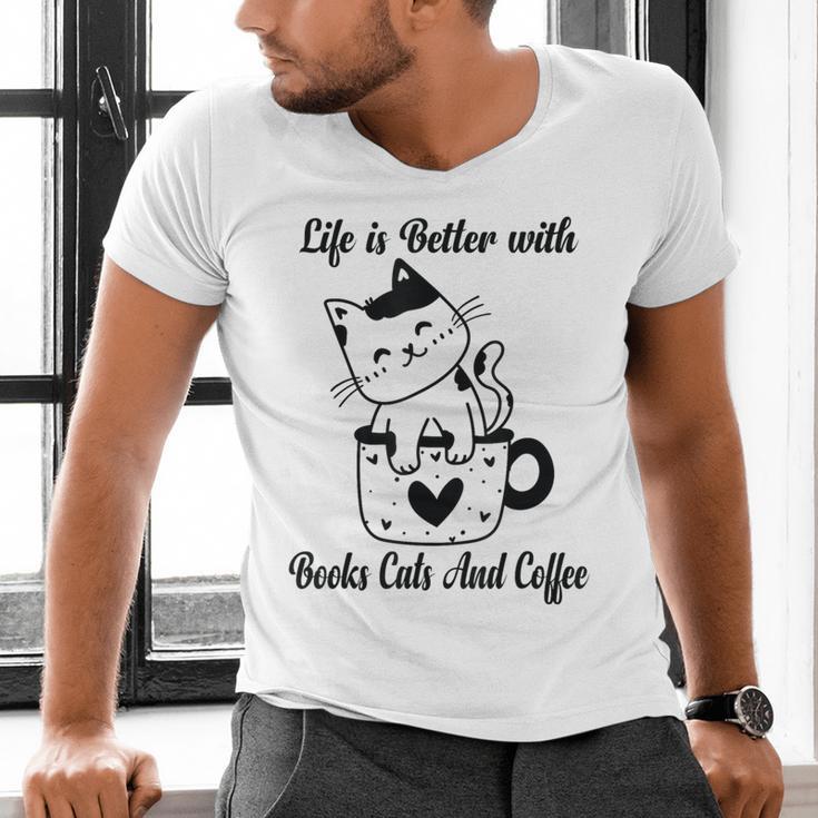 Life Is Better With Books Cats And Coffee Shirt Men's V-Neck T-Shirt Life Is Better With Books Cats And Coffee Shirt Men's V-Neck T-Shirt