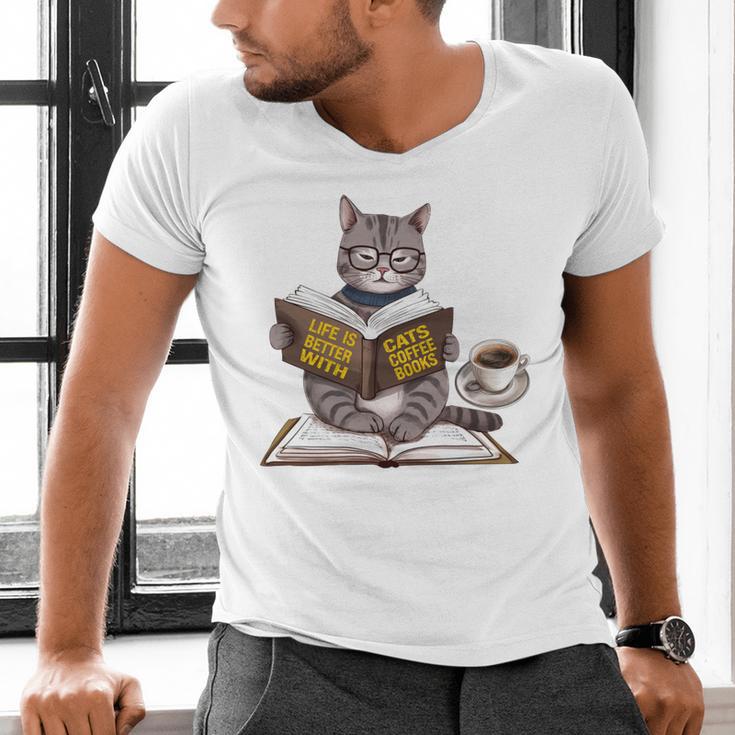Life Is Better With Cats Coffee Books Cat Reading Book Men's V-Neck T-Shirt