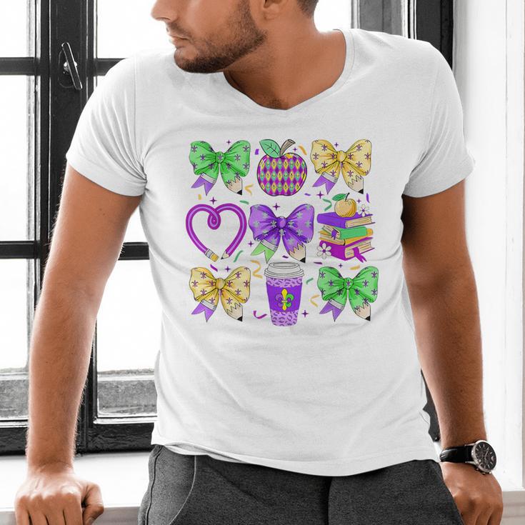 Mardi Gras Teacher Coquette Bow Pencil Apple Book Women Girl Men's V-Neck T-Shirt