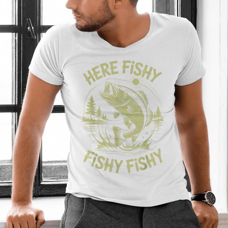 Men Here-Fishy Bass Fish Dad Fishing From Daughter Son Men's V-Neck T-Shirt