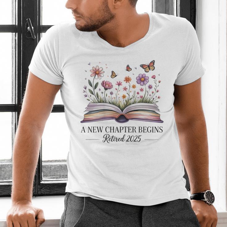 a New Chapter Begins Retired 2025 Floral Book Retirement Men's V-Neck T-Shirt