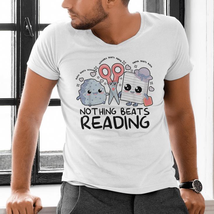 Nothing Beats Reading Rock Paper Scissors Book Lover Teacher Men's V-Neck T-Shirt