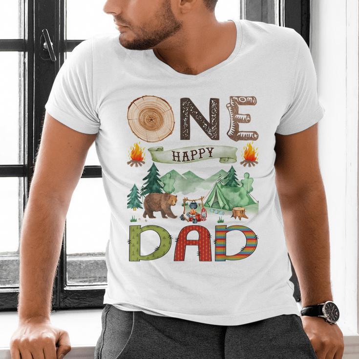 One Happy Dad Camper 1st Birthday Boy Camping Bear Men's V-Neck T-Shirt