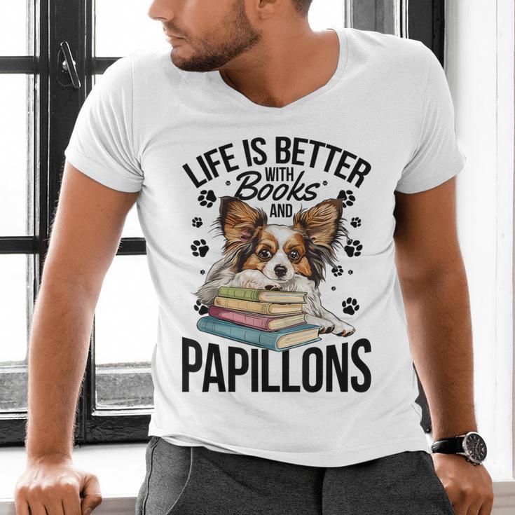 Papillon Dog Breed Life Is Better With Books And Papillons Men's V-Neck T-Shirt