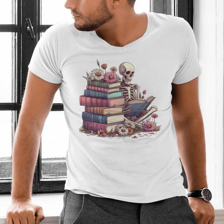 Reading A Book Per Day Keeps Reality Away Skeleton Books Men's V-Neck T-Shirt Reading A Book Per Day Keeps Reality Away Skeleton Books Men's V-Neck T-Shirt