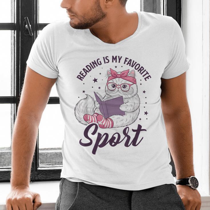 Reading Is My Favorite Sport Saying Cat And Book Lover Men's V-Neck T-Shirt Reading Is My Favorite Sport Saying Cat And Book Lover Men's V-Neck T-Shirt