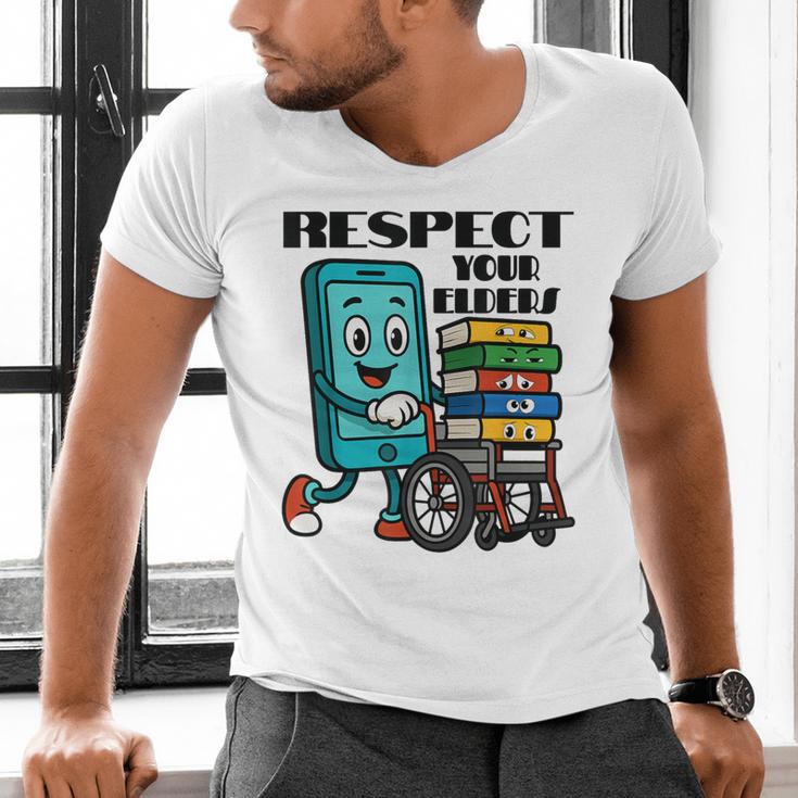 Respect Elders Cellphone Pushing Books In a Wheelchair Men's V-Neck T-Shirt Respect Elders Cellphone Pushing Books In a Wheelchair Men's V-Neck T-Shirt