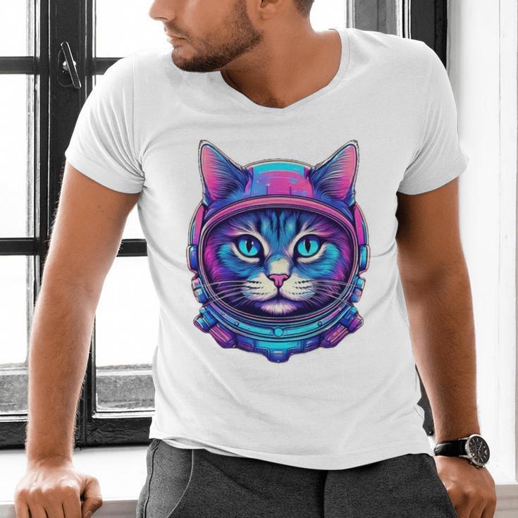 Retro 80s Cat In Space Suit Nostalgia Cat Vintage Astronaut Men's V-Neck T-Shirt