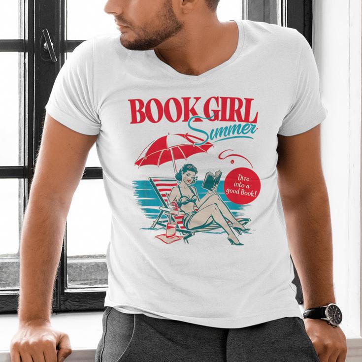 Retro Book Girl Summer For Women Beach Reading Men's V-Neck T-Shirt