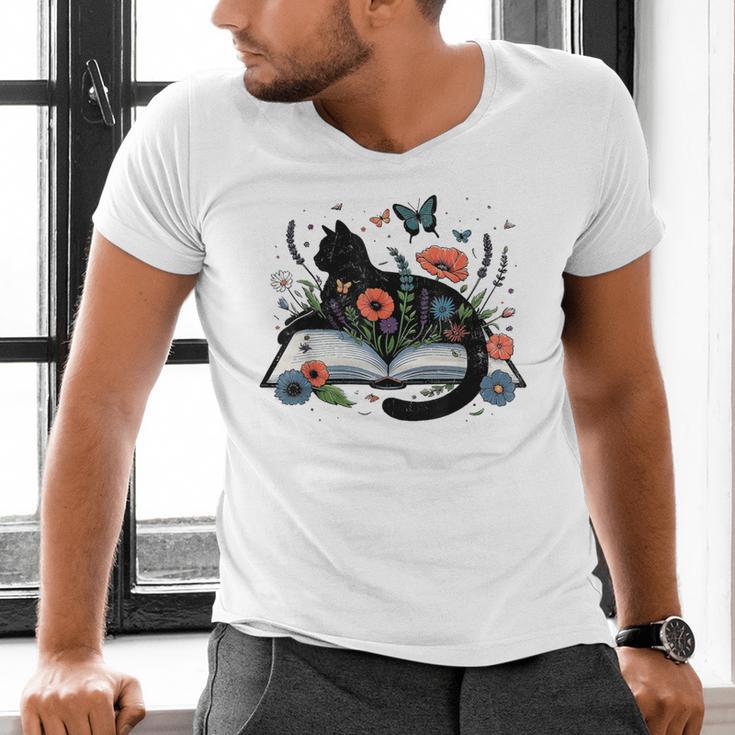 Retro Cute Cat Floral Book Librarian Vintage Floral Cat Book Men's V-Neck T-Shirt Retro Cute Cat Floral Book Librarian Vintage Floral Cat Book Men's V-Neck T-Shirt