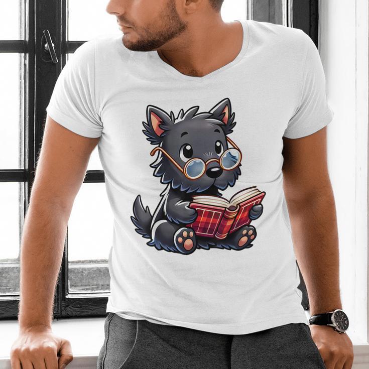 Scottish Terrier Reading a Book Dog Men's V-Neck T-Shirt