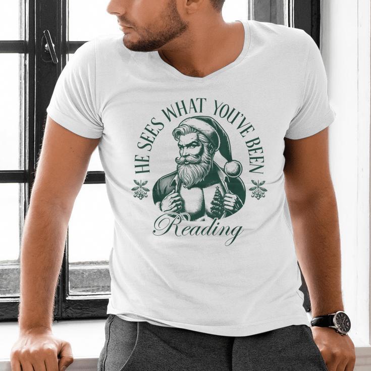 He Sees What You'Ve Been Reading Bookish Christmas Men's V-Neck T-Shirt He Sees What You'Ve Been Reading Bookish Christmas Men's V-Neck T-Shirt