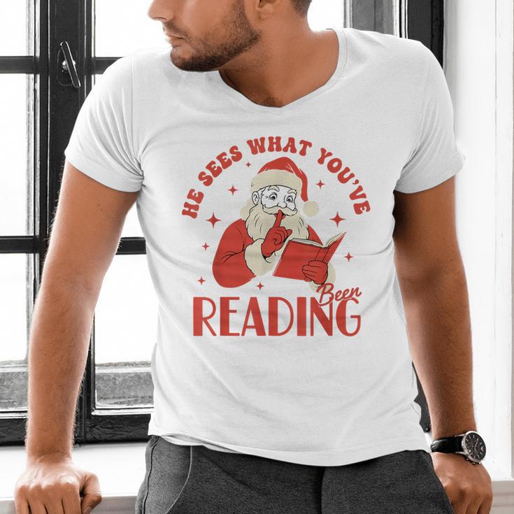 He Sees What You'Ve Been Reading Santa Book Men's V-Neck T-Shirt