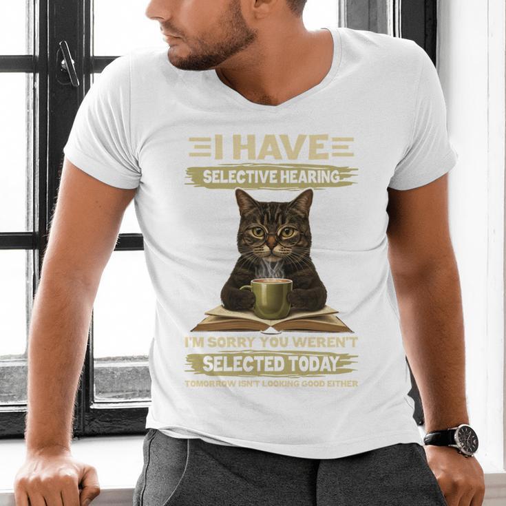 i Have Selective Hearing Cat Coffee Books Retro Men's V-Neck T-Shirt