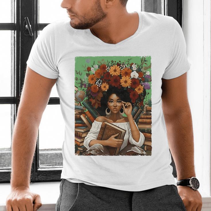 History Month Black Afro Girl Women Book Lovers Floral Men's V-Neck T-Shirt