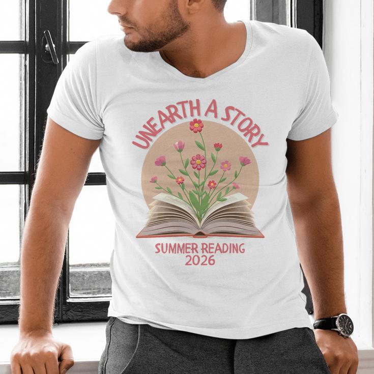 Unearth a Story 2026 Summer Reading Program Flowers Book Premium Tri-Blend Men's V-Neck T-Shirt