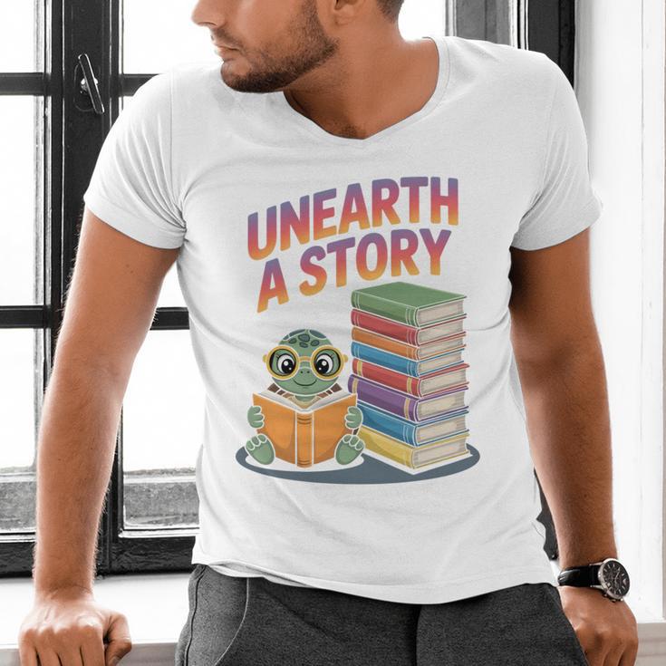 Unearth A Story Cute Turtle Reading Books Librarian Men's V-Neck T-Shirt Unearth A Story Cute Turtle Reading Books Librarian Men's V-Neck T-Shirt