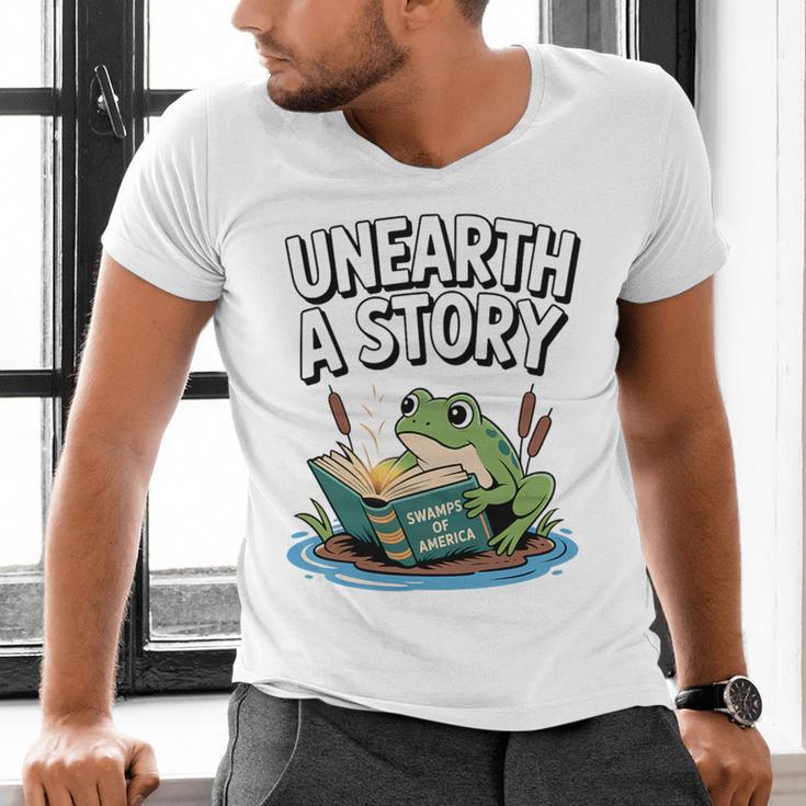 Unearth a Story Frog Reading a Book Summer 2026 Premium Tri-Blend Men's V-Neck T-Shirt
