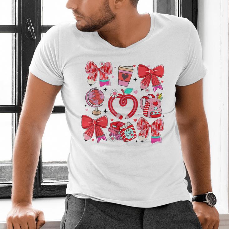 Valentine Teacher Coquette Bow Pencil Heart Book Girl Women Men's V-Neck T-Shirt Valentine Teacher Coquette Bow Pencil Heart Book Girl Women Men's V-Neck T-Shirt