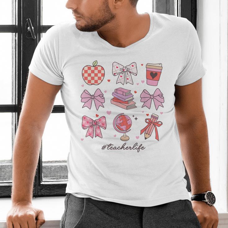 Valentine Teacher Cute Bows Apple Globe Pencil Books Art Men's V-Neck T-Shirt Valentine Teacher Cute Bows Apple Globe Pencil Books Art Men's V-Neck T-Shirt