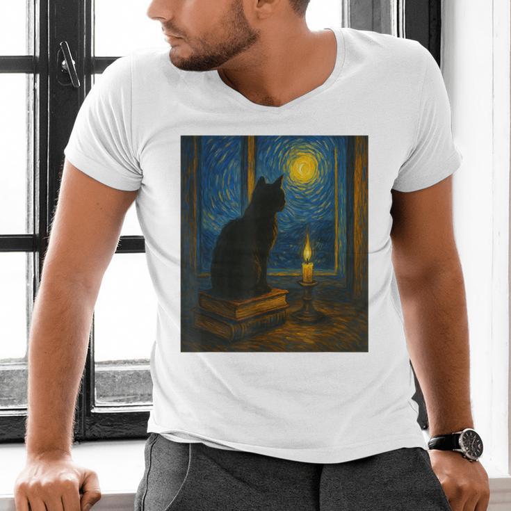 Van Gogh Starry Night Art Cat And Book Lovers Men's V-Neck T-Shirt Van Gogh Starry Night Art Cat And Book Lovers Men's V-Neck T-Shirt