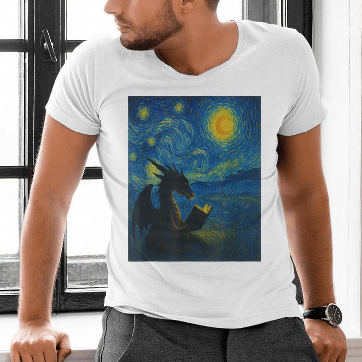 Van Gogh Starry Night Fantasy Reader Dragon Reading Book Men's V-Neck T-Shirt