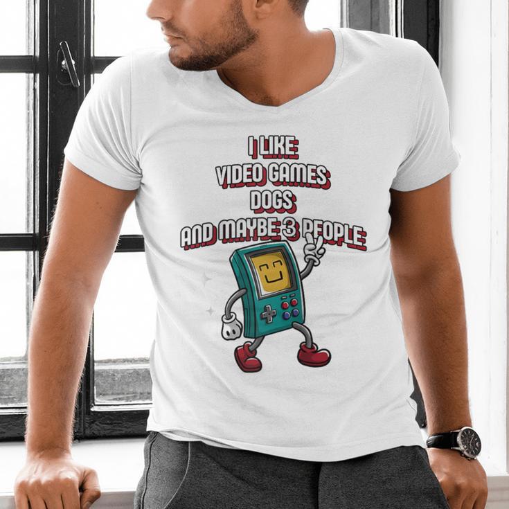 I Like Video Games Dogs And Maybe 3 People Gamer Introvert Raglan Baseball Tee Men's V-Neck T-Shirt I Like Video Games Dogs And Maybe 3 People Gamer Introvert Raglan Baseball Tee Men's V-Neck T-Shirt
