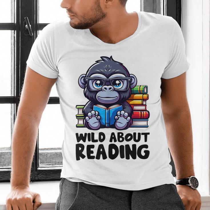 Wild About Reading Book Lover Gorilla Men's V-Neck T-Shirt
