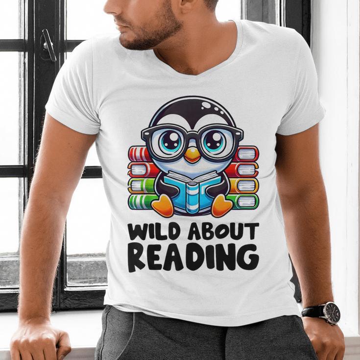 Wild About Reading Book Lover Penguin Men's V-Neck T-Shirt Wild About Reading Book Lover Penguin Men's V-Neck T-Shirt