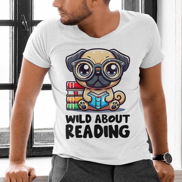 Wild About Reading Book Lover Pug Dog Men's V-Neck T-Shirt