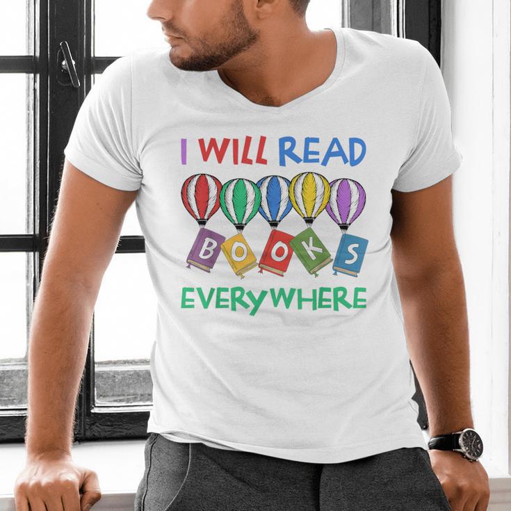 I Will Read Books Everywhere Across America Child Readers Men's V-Neck T-Shirt I Will Read Books Everywhere Across America Child Readers Men's V-Neck T-Shirt