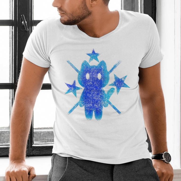 Yk2 Grunge Earthy Blue Cat With Stars Tomboy 90s Nostalgia Premium Tri-Blend Men's V-Neck T-Shirt