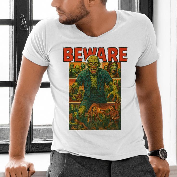 Zombie Tee Horror Movie Poster Vintage Comic Book Graphic Premium Men's V-Neck T-Shirt