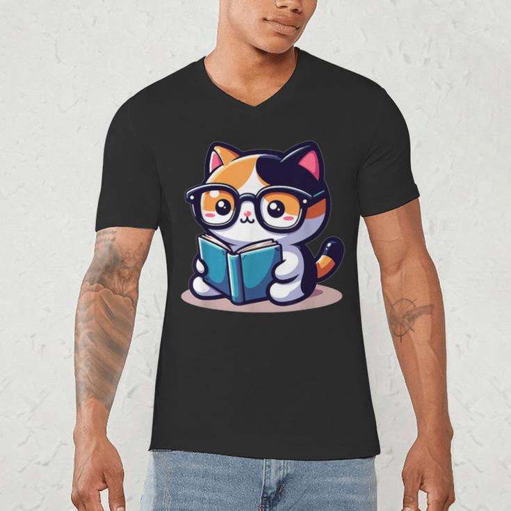 Adorable Book Lover Calico Cat With Reading Glasses Cute For Men Women Kids Men's V-Neck T-Shirt