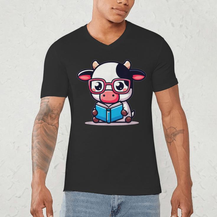 Adorable Book Lover Cow With Reading Glasses Cute Men's V-Neck T-Shirt