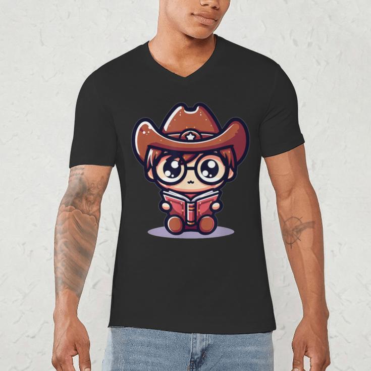 Adorable Book Lover Cowboy With Reading Glasses Cute Men's V-Neck T-Shirt